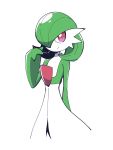  artsy-rc cowboy_shot french_commentary gardevoir gen_3_pokemon green_hair hand_up highres looking_at_viewer no_humans pokemon pokemon_(creature) red_eyes simple_background slit_pupils smile solo white_background 