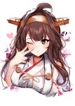  1girl absurdres ahoge blush breasts brown_hair closed_mouth detached_sleeves double_bun eyebrows_visible_through_hair hair_between_eyes hairband headgear heart highres japanese_clothes kagurazaka_miyabi kantai_collection kongou_(kantai_collection) long_hair long_sleeves looking_at_viewer medium_breasts nontraditional_miko one_eye_closed purple_eyes red_string remodel_(kantai_collection) ribbon-trimmed_sleeves ribbon_trim smile solo string triangle upper_body white_background 