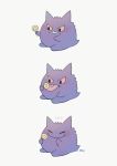  ayu_(mog) blush candy closed_eyes commentary_request eating food gen_1_pokemon gengar holding holding_lollipop lollipop notice_lines pokemon pokemon_(creature) signature simple_background sitting smile tongue tongue_out white_background 