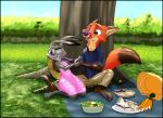  anthro canid canine clothed clothing digital_media_(artwork) disney female food fox judy_hopps link6432 male mammal nick_wilde picnic pie simple_background zootopia 