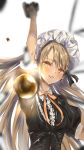  1girl blonde_hair blurry blurry_background breasts bullet earrings firing girls_frontline gothic_lolita grin gun handgun jewelry lolita_fashion long_hair looking_at_viewer maid_headdress parted_lips ppk_(girls_frontline) puffy_short_sleeves puffy_sleeves sabashi shell_casing short_sleeves small_breasts smile solo weapon yellow_eyes 