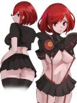  absurdres ass black_legwear black_skirt breasts cosplay cowboy_shot eyebrows_visible_through_hair highres homura_(xenoblade_2) large_breasts looking_at_viewer looking_back matoi_ryuuko matoi_ryuuko_(cosplay) microskirt multiple_views red_eyes red_hair senketsu short_hair simple_background skirt the_kingduke thighhighs underboob white_background xenoblade_(series) xenoblade_2 