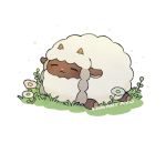  :&lt; ayu_(mog) closed_eyes daisy facing_viewer flower gen_8_pokemon grass lying on_stomach pokemon pokemon_(creature) sheep signature simple_background smile solo white_background wooloo 