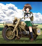  1girl akiyama_yukari backpack bag blurry blush bmw bmw_r75 brown_hair cloud cloudy_sky commentary depth_of_field emblem girls_und_panzer grass ground_vehicle hand_up highres horizon kk90 kneehighs letterboxed loafers looking_at_viewer motor_vehicle motorcycle neckerchief ooarai_(emblem) ooarai_school_uniform salute school_uniform serafuku shoes short_hair sky smile solo 