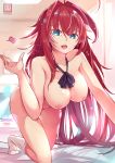  1girl ahoge all_fours bangs black_neckwear blue_eyes breasts collarbone commentary_request condom_wrapper high_school_dxd highres kneehighs large_breasts long_hair looking_at_viewer nekomimipunks nipples nude open_mouth red_hair rias_gremory shirt solo upper_teeth white_legwear 