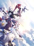  6+girls arms_behind_head arms_up black_gloves black_hair blue_eyes braid breasts bronya_zaychik closed_mouth drill_hair elbow_gloves expressionless from_side fu_hua gloves grey_eyes grey_hair highres holding holding_sword holding_weapon honkai_(series) honkai_impact_3rd kiana_kaslana large_breasts long_hair multiple_girls murata_himeko raiden_mei red_eyes red_hair short_hair smile sword theresa_apocalypse twin_braids twin_drills weapon white_hair youx 