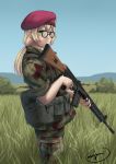  1girl absurdres battle_rifle beret blonde_hair camouflage canteen cetme_58_model_c frown grass green_eyes gun hat highres hill load_bearing_equipment long_hair looking_at_viewer looking_to_the_side low_ponytail military military_uniform millimeter original rifle signature sky soldier solo tree uniform weapon 