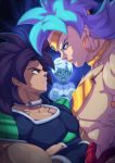  1girl 2boys black_hair blue_hair blush breastplate breasts broly broly_(dragon_ball_super) cheelai circlet cleavage clenched_hands crossed_arms dark_skin dragon_ball dragon_ball_super dragon_ball_super_broly dragon_ball_z dual_persona earrings forehead_jewel green_skin height_difference highres hoop_earrings jewelry looking_at_another male_focus medium_breasts multiple_boys muscle neck_ring parody purple_eyes shirtless simple_background skin_tight spiked_hair street_fighter street_fighter_zero_(series) super_saiyan_blue super_saiyan_full_power tovio_rogers yellow_eyes 