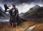  2020 4_toes 5_fingers anthro avian barefoot bird canid canine canis clothed clothing corvid corvus_(genus) day detailed_background digital_media_(artwork) digitigrade duo feliciacat feral fingers grass male mammal outside raven sky standing toes wolf 