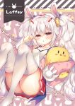  1girl animal_ears ass azur_lane bangs bare_shoulders blush breasts bunny_ears camisole character_name collarbone commentary_request copyright_name eyebrows_visible_through_hair feet_out_of_frame hair_between_eyes hair_ornament hairband hairclip highres jacket knees_up laffey_(azur_lane) long_hair long_sleeves manjuu_(azur_lane) no_shoes object_hug off_shoulder open_clothes open_jacket parted_lips pink_jacket pleated_skirt red_eyes red_hairband red_skirt revision silver_hair skirt sleeves_past_fingers sleeves_past_wrists small_breasts solo strap_slip stuffed_animal stuffed_bird stuffed_toy suzunone_rena thighhighs twintails very_long_hair white_camisole white_legwear 