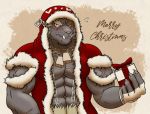  2017 abs biceps clothed clothing english_text felid gift_box holding_gift holding_object iriai_inasa krampus_(housamo) looking_at_viewer mammal multicolored_clothing muscular pantherine red_clothing solo text tokyo_afterschool_summoners two_tone_clothing video_games whiskers white_clothing 