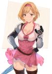  1girl blonde_hair blush boots breasts brown_legwear cleavage commentary djeeta_(granblue_fantasy) dress dress_lift gloves granblue_fantasy granblue_fantasy_versus grin hairband hand_on_hip hand_up heart hews_hack highres holding_controller looking_at_viewer medium_breasts panties pantyshot pantyshot_(standing) pink_dress playstation_controller red_hairband short_hair smile solo standing sword sword_behind_back thigh_boots thighhighs underwear upskirt weapon white_panties yellow_eyes 