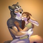  1:1 5_fingers anthro braided_hair brown_hair canid canine canis clothed clothing duo excitedcargoyle female fennec fingers fox fur hair hi_res hug male mammal smile tan_body tan_fur wolf 