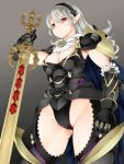  1girl armor ashita_yaru black_hair breasts cleavage closed_mouth corrin_(fire_emblem) corrin_(fire_emblem)_(female) fire_emblem fire_emblem_fates hairband holding holding_sword holding_weapon long_hair pointy_ears red_eyes simple_background solo sword weapon white_hair 
