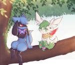  clarevoir closed_mouth commentary commission creature english_commentary full_body gen_4_pokemon green_eyes happy looking_at_another no_humans pokemon pokemon_(creature) red_eyes riolu shaymin shaymin_(sky) sitting smile tree 