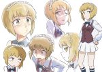  1girl absurdres bangs bartender black_neckwear blonde_hair blunt_bangs bow bowtie brown_vest closed_mouth commentary constricted_pupils cropped_torso cutlass_(girls_und_panzer) dress_shirt ennui_orz expressions eyebrows_visible_through_hair frown girls_und_panzer handkerchief hands_on_hips highres long_sleeves looking_at_viewer maid_headdress miniskirt multiple_views navy_blue_legwear one_eye_closed open_mouth pleated_skirt print_legwear school_uniform shirt short_hair single_horizontal_stripe skirt socks standing sweatdrop v-shaped_eyebrows vest white_background white_shirt white_skirt wing_collar yellow_eyes 