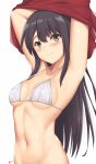  1girl arciealbano armpits arms_up bangs bikini_top black_eyes black_hair blush breasts collarbone eyebrows_visible_through_hair hair_over_shoulder highres long_hair looking_at_viewer navel out-of-frame_censoring red_shirt senryuu_shoujo shirt sidelocks signature simple_background small_breasts smile solo underboob undressing upper_body white_background white_bikini_top yukishiro_nanako 