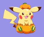  :3 :d artsy-rc clothed_pokemon commentary english_commentary food_themed_hair_ornament full_body gen_1_pokemon hair_ornament halloween_costume no_humans open_mouth pikachu pokemon pokemon_(creature) pumpkin pumpkin_hair_ornament pumpkin_pants purple_background signature simple_background smile solo 