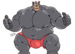  2020 5_fingers anthro belly big_bulge big_muscles black_body black_fur black_nipples black_nose black_pawpads bodily_fluids bottomwear bulge clothed clothing eyebrows fingers fur gesture hi_res huge_muscles humanoid_hands male mammal megawaffle_(artist) muscular muscular_male nipples overweight overweight_male pawpads pecs red_eyes shorts simple_background smile solo stubble sweat thick_eyebrows thumbs_up topless ursid veiny_muscles waffle_(megawaffle) white_background 
