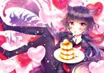  1girl akaishi_kuroe bangs black_legwear black_sailor_collar black_serafuku black_shirt black_skirt blush butter claws food food_on_face fork fork_in_mouth full_body hair_flaps heart heart_balloon holding holding_fork holding_plate kaijuu long_hair looking_at_viewer low_twintails mary_janes naki_ringo neckerchief otome_kaijuu_carameliser pancake pantyhose plate promotional_art red_eyes red_footwear red_neckwear sailor_collar school_uniform serafuku shirt shoes skirt solo_focus stack_of_pancakes twintails very_long_hair 