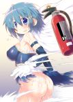  1girl ass blue_eyes blue_hair blush bottomless breasts cape fire_extinguisher from_behind gloves hair_ornament hairclip kanibasami looking_back magia_record:_mahou_shoujo_madoka_magica_gaiden magical_girl mahou_shoujo_madoka_magica medium_breasts miki_sayaka shiny shiny_hair shiny_skin short_hair solo standing sweat thighhighs torn_clothes white_gloves white_legwear 