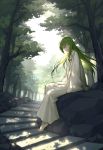  1other backlighting barefoot closed_mouth day enkidu_(fate/strange_fake) eyebrows_visible_through_hair fate/strange_fake fate_(series) forest green_eyes green_hair highres long_hair long_sleeves looking_at_viewer nature outdoors rock sitting sleeves_past_wrists smile solo stairs tree youx 