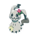  artsy-rc commentary english_commentary flower full_body gen_7_pokemon hair_flower hair_ornament highres looking_at_viewer mimikyu no_humans pink_flower pokemon simple_background solo white_background 