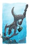  anthro bag blue_body blue_skin caribou_(artist) clothing grey_body grey_skin loch_ness_monster male marine marion_(tenpoundhammer) plesiosaur reptile scalie solo striped_body striped_skin stripes swimwear underwater water 