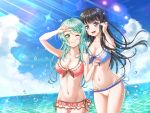  bang_dream! bangs beach bikini bikini_skirt black_hair blue_bikini_top blue_sky blunt_bangs breasts chinese_commentary cleavage cloud commentary_request cowboy_shot frilled_bikini frills green_eyes green_hair highres hikawa_sayo horizon lens_flare light_rays long_hair looking_at_viewer medium_breasts mismatched_bikini ocean one_eye_closed outdoors pink_bikini polka_dot polka_dot_bikini purple_eyes shirokane_rinko side-tie_bikini sky sunbeam sunlight swimsuit water white_bikini_bottom yohane_yoshiko 