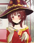  1girl absurdres artist_name bandages bangs bare_shoulders blush brown_hair cake collarbone commentary dated dress eyebrows_visible_through_hair flat_chest food fork gloves hat highres holding holding_fork indoors kono_subarashii_sekai_ni_shukufuku_wo! looking_at_viewer megumin recursion red_dress red_eyes revision shinalpha smile solo witch_hat 