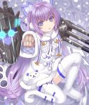  1girl azur_lane bangs blue_bow blue_eyes blush boots bow brown_sweater commentary_request dress eyebrows_visible_through_hair fur-trimmed_dress fur-trimmed_sleeves fur_trim glowing glowing_eyes hair_between_eyes long_hair long_sleeves looking_at_viewer one_knee parted_lips purple_hair revision sleeves_past_fingers sleeves_past_wrists snowing solo sweater tashkent_(azur_lane) thigh_boots thighhighs tsukino_neru very_long_hair white_dress white_footwear white_legwear wide_sleeves 