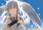  1girl angel_beats! angel_wings blazer cherry_blossoms commentary_request graduation highres jacket lens_flare long_hair looking_at_viewer petals school_uniform silver_hair solo suiyama_akira sun tenshi_(angel_beats!) tube upper_body white_wings wings yellow_eyes 
