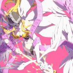  1girl angel_wings angewomon asymmetrical_clothes asymmetrical_footwear asymmetrical_legwear bare_shoulders belt blonde_hair boots breasts cleavage commentary_request covered_eyes digimoji digimon elbow_gloves electricity flying folded_leg full_body gloves hagoromo head_wings helmet highres holy_ring large_breasts long_hair lower_teeth meipura multiple_wings navel navel_cutout open_mouth pink_background ribbon shawl sidelocks signature simple_background single_elbow_glove solo thigh_strap white_footwear wings wrist_wings 