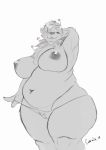  2019 anthro areola belly big_breasts breasts chest_tuft clothing curvy_figure deep_navel emberwick female fur genitals looking_at_viewer mammal navel nipples panties panty_pull pussy simple_background slightly_chubby solo standing thick_thighs tuft underwear ursid voluptuous white_background wide_hips 