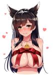  1girl absurdres animal animal_ears animal_on_chest april_fools atago_(azur_lane) azur_lane bangs bird black_hair blush breast_hold breasts chick closed_mouth collarbone commentary_request cropped_torso extra_ears eyebrows_visible_through_hair hair_between_eyes hair_over_shoulder heart highres huge_breasts kagiyama_(gen&#039;ei_no_hasha) long_hair looking_at_viewer mole mole_under_eye naked_ribbon red_ribbon ribbon solo swept_bangs upper_body white_background yellow_eyes 