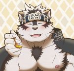 2017 accessory anthro canid canine canis cheek_tuft chest_tuft cutlery eyes_closed facial_tuft fingernails front_view fur fur_tuft headband holding_spoon horkeukamui inner_ear_fluff iriai_inasa kitchen_utensils male mammal nails nipples open_mouth pink_nipples solo spoon tokyo_afterschool_summoners tongue tools tuft video_games wolf 