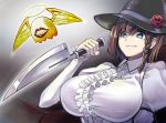  1girl blue_eyes braid breasts brown_hair charlotte_corday_(fate/grand_order) fate/grand_order fate_(series) frills grin halo hat holding holding_knife knife large_breasts monster revision short_hair smile taichi wings 