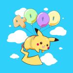  :3 :d artsy-rc balloon blue_sky commentary english_commentary floating followers full_body gen_1_pokemon highres no_humans open_mouth pikachu pokemon pokemon_(creature) signature sky smile solo 