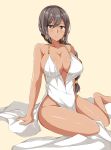  arm_support armlet azur_lane backless_outfit beige_background black_hair breasts brown_eyes cleavage dark_skin dress earrings evening_gown feather_earrings highres jewelry large_breasts native_american olly_(ollycrescent) south_dakota_(azur_lane) south_dakota_(solo_concert)_(azur_lane) thighs 