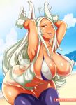  1girl animal_ears armpits arms_up ass bangs bayeuxman beach bikini_top boku_no_hero_academia breasts bunny_ears bunny_tail cloud commentary covered_nipples dark_skin english_commentary gloves hair_between_breasts highres large_breasts long_hair looking_at_viewer looking_to_the_side mature older parted_bangs patreon_logo patreon_username piercing red_eyes sky smile solo sun tail tan thick_thighs thigh_gap thighhighs thighs tongue tongue_out tongue_piercing usagiyama_rumi water white_gloves white_hair wide_hips 