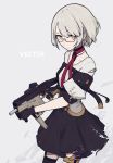  1girl black_gloves black_legwear black_skirt buttons character_name detached_collar dress girls_frontline glasses gloves gun high-waist_skirt highres holding holding_gun holding_weapon kriss_vector papaia_(quentingqoo) shirt short_hair short_sleeves silver_hair skirt solo submachine_gun thighhighs vector_(girls_frontline) weapon yellow_eyes 