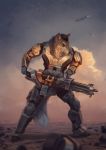  2020 5_fingers anthro black_lips brown_body brown_fur brown_hair canid canine canis digital_media_(artwork) fingers fur green_eyes hair hi_res holding_gun holding_object holding_weapon lips male mammal royzilya smile solo weapon wolf 