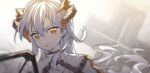  1girl arknights commentary cross dragon_horns english_commentary expressionless hair_between_eyes highres horns jacket jinker384057268 long_hair looking_at_viewer orange_eyes parted_lips saria_(arknights) shield silver_hair simple_background solo turtleneck upper_body white_background white_jacket 