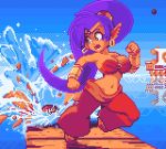  1girl arabian_clothes bandeau bracer breasts bridge cannonballs cleavage dark_skin day destruction earrings english_commentary forehead_jewel full_body harem_pants hoop_earrings jewelry large_breasts long_hair looking_back midriff mystical open_mouth outdoors pants pixel_art pointy_ears ponytail purple_hair running shantae_(character) shantae_(series) ship solo tiara water watercraft wooden_bridge 