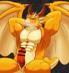  abs anthro blush bodily_fluids breath censored dragon erection genitals hands_behind_head horn iriai_inasa male membrane_(anatomy) membranous_wings muscular muscular_male nude ophion pecs penis red_eyes scalie solo spikes sweat sweatdrop tokyo_afterschool_summoners video_games wing_spikes wings 