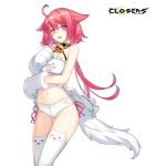  1girl ahoge babydoll bai_winchester bare_shoulders bell breasts cat_lingerie cat_tail closers collar cowboy_shot criss-cross_halter frills gloves hair_flaps halterneck heterochromia highres jingle_bell long_hair looking_at_viewer low_ponytail medium_breasts meme_attire navel official_art open_mouth panties paw_gloves paws pink_eyes purple_eyes red_hair solo stomach tail tearing_up thighhighs thighs underwear white_legwear white_panties 