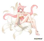  1girl animal_ear_fluff animal_ears bare_legs blue_eyes closers dress fox_ears fox_tail full_body high_heels highres knee_up kumiho long_hair long_sleeves looking_at_viewer low_twintails multiple_tails official_art pink_dress pink_hair see-through_sleeves seulbi_lee smile solo tail thighs twintails very_long_hair 
