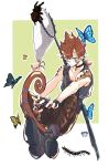  1boy 9990615 absurdres bandaid blue_eyes boots brown_hair bug butterfly centipede chameleon_tail choker doubutsu_no_mori fingerless_gloves gloves highres horns insect long_hair nail_polish personification rex_(doubutsu_no_mori) scales sitting solo tail white_background 
