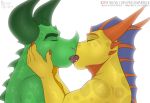 2020 anthro claws dragon duo eyes_closed french_kissing frill_(anatomy) frill_(disambiguation) green_body green_scales head_crest head_frill holding_face horn kissing male male/male masonparker open_mouth romantic_ambiance romantic_couple scales scalie simple_background teeth tongue white_background yellow_body yellow_scales 
