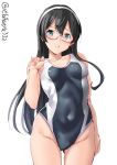  1girl aqua_eyes black_hair blush breasts collarbone cowboy_shot ebifurya eyebrows_visible_through_hair glasses groin hair_between_eyes hairband hand_up highres kantai_collection lips long_hair one-piece_swimsuit ooyodo_(kantai_collection) open_mouth simple_background small_breasts solo swimsuit twitter_username white_background white_hairband 